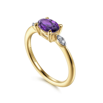Promise Ring - 14K Yellow Gold Oval Amethyst and Diamond Ring