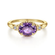 Promise Ring - 14K Yellow Gold Oval Amethyst and Diamond Three Stone Promise Ring