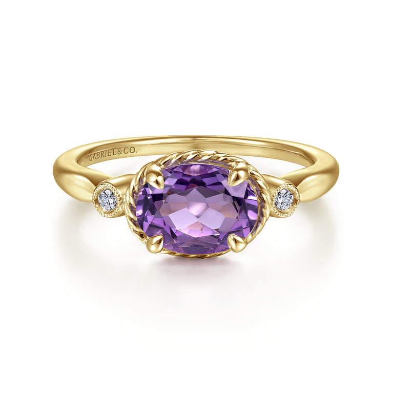 Promise Ring - 14K Yellow Gold Oval Amethyst and Diamond Three Stone Promise Ring - 0.03 ct - Shot 1