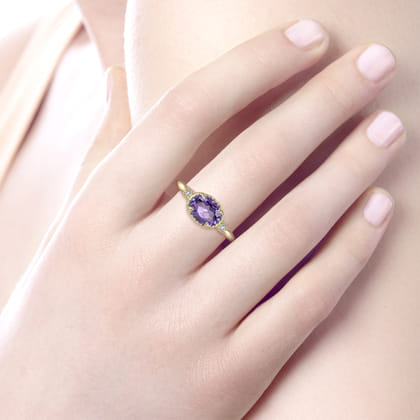 Promise Ring - 14K Yellow Gold Oval Amethyst and Diamond Three Stone Promise Ring
