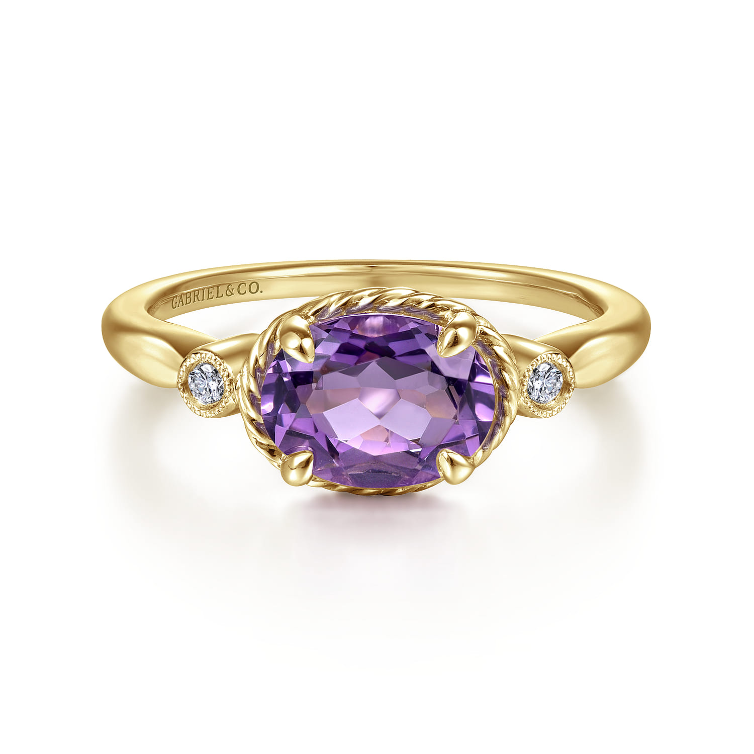 Promise Ring - 14K Yellow Gold Oval Amethyst and Diamond Three Stone Ring