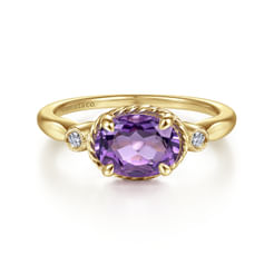 Promise Ring - 14K Yellow Gold Oval Amethyst and Diamond Three Stone Ring