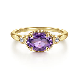 Promise Ring - 14K Yellow Gold Oval Amethyst and Diamond Three Stone Ring