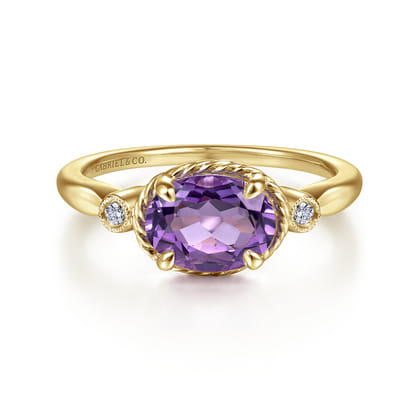 Promise Ring - 14K Yellow Gold Oval Amethyst and Diamond Three Stone Ring