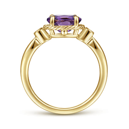 Promise Ring - 14K Yellow Gold Oval Amethyst and Diamond Three Stone Ring
