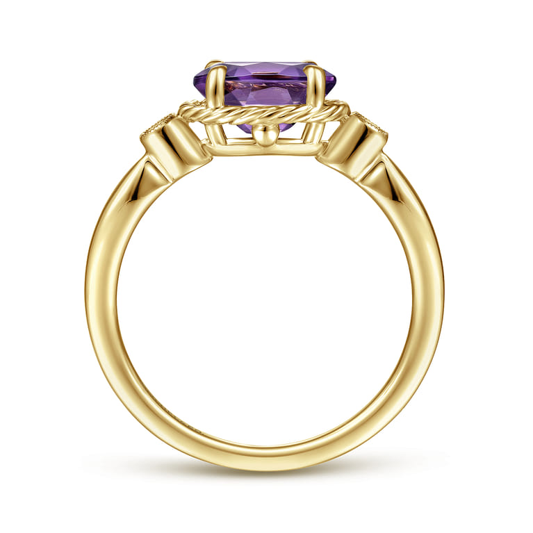 Promise Ring - 14K Yellow Gold Oval Amethyst and Diamond Three Stone Ring - 0.03 ct - Shot 2