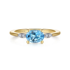 Promise Ring - 14K Yellow Gold Oval Blue Topaz and Diamond Ring