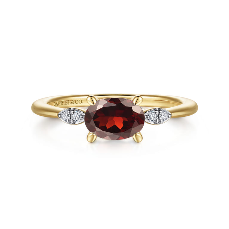 Promise Ring - 14K Yellow Gold Oval Garnet and Diamond Promise Ring - 0.04 ct - Shot 1