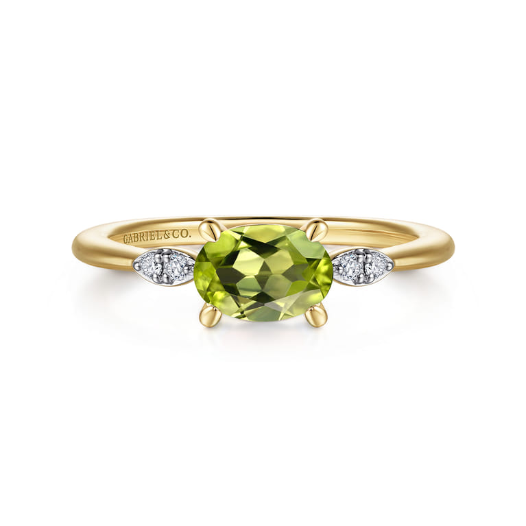 Promise Ring - 14K Yellow Gold Oval Peridot and Diamond Promise Ring - 0.04 ct - Shot 1