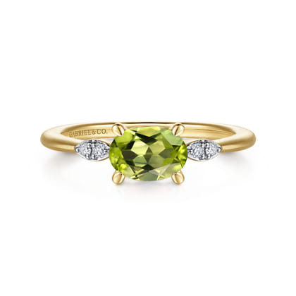 Promise Ring - 14K Yellow Gold Oval Peridot and Diamond Ring