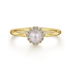 Promise Ring - 14K Yellow Gold Pearl Promise Ring with Diamond Halo