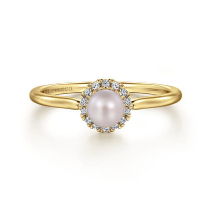 Promise Ring - 14K Yellow Gold Pearl Promise Ring with Diamond Halo