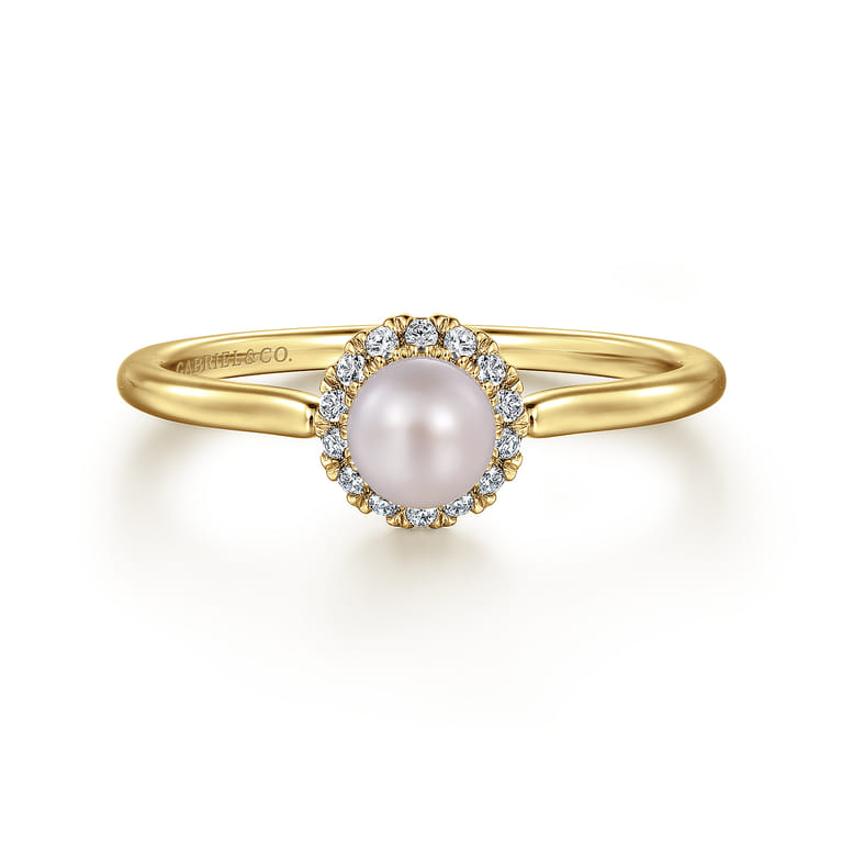 Promise Ring - 14K Yellow Gold Pearl Promise Ring with Diamond Halo - Shot 1