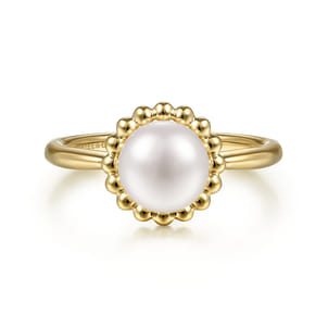 Promise Ring - 14K Yellow Gold Pearl Ring with Bujukan Beaded Halo