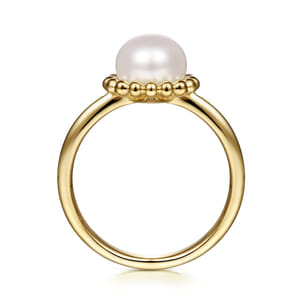 Promise Ring - 14K Yellow Gold Pearl Ring with Bujukan Beaded Halo