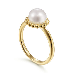 Promise Ring - 14K Yellow Gold Pearl Ring with Bujukan Beaded Halo