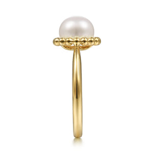 Promise Ring - 14K Yellow Gold Pearl Ring with Bujukan Beaded Halo