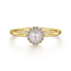 Promise Ring - 14K Yellow Gold Pearl Ring with Diamond Halo