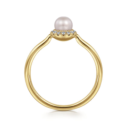 Promise Ring - 14K Yellow Gold Pearl Ring with Diamond Halo