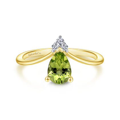Promise Ring - 14K Yellow Gold Peridot Diamond Chevron Ring