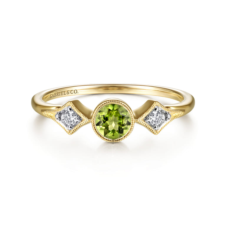 Promise Ring - 14K Yellow Gold Peridot and Diamond Promise Ring - 0.05 ct - Shot 1