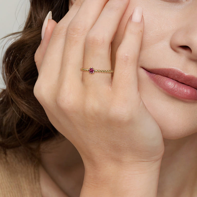Promise Ring - 14K Yellow Gold Pink Tourmaline Stackable Promise Ring - Shot 5