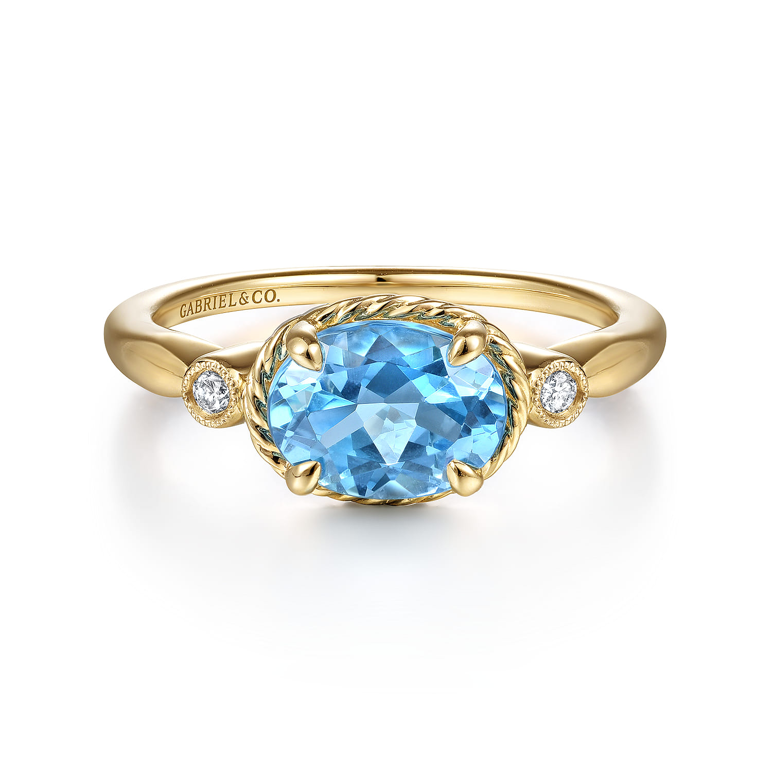 Promise Ring - 14K Yellow Gold Rope Swiss Blue Topaz and Diamond Promise Ring - 0.03 ct - Shot 1