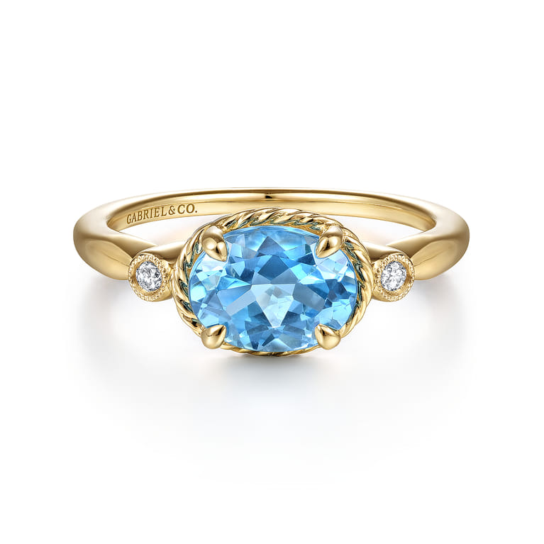 Promise Ring - 14K Yellow Gold Rope Swiss Blue Topaz and Diamond Promise Ring - 0.03 ct - Shot 1