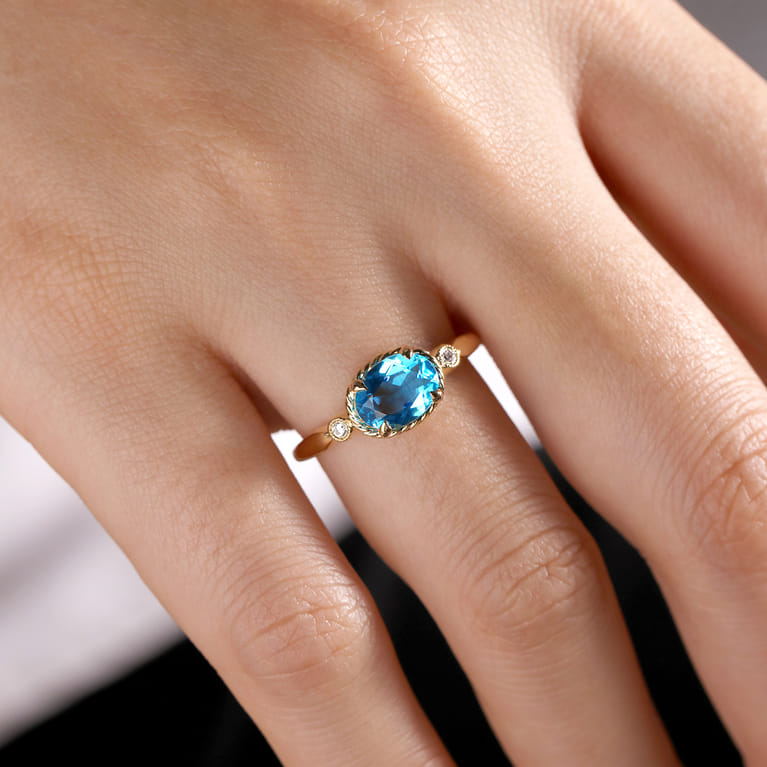 Promise Ring - 14K Yellow Gold Rope Swiss Blue Topaz and Diamond Promise Ring - 0.03 ct - Shot 5