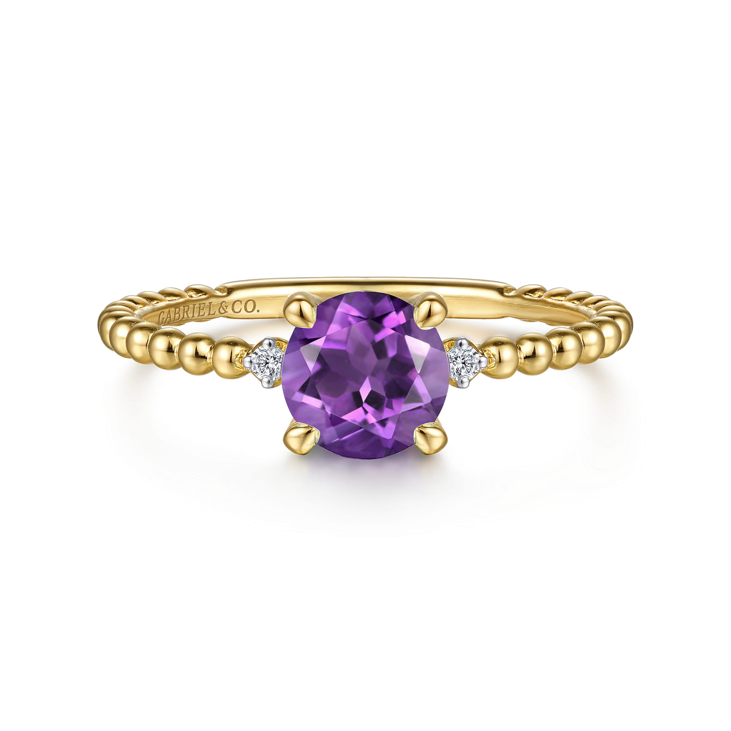 Promise Ring - 14K Yellow Gold Round Amethyst and Diamond Bujukan Promise Ring - 0.02 ct - Shot 1