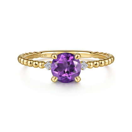 Promise Ring - 14K Yellow Gold Round Amethyst and Diamond Bujukan Promise Ring