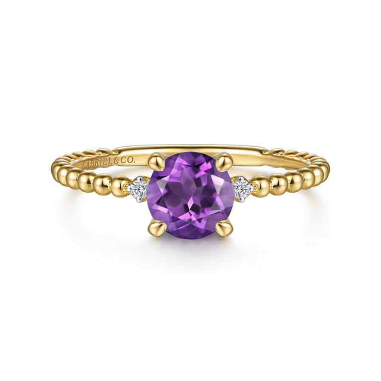 Promise Ring - 14K Yellow Gold Round Amethyst and Diamond Bujukan Promise Ring - 0.02 ct - Shot 1
