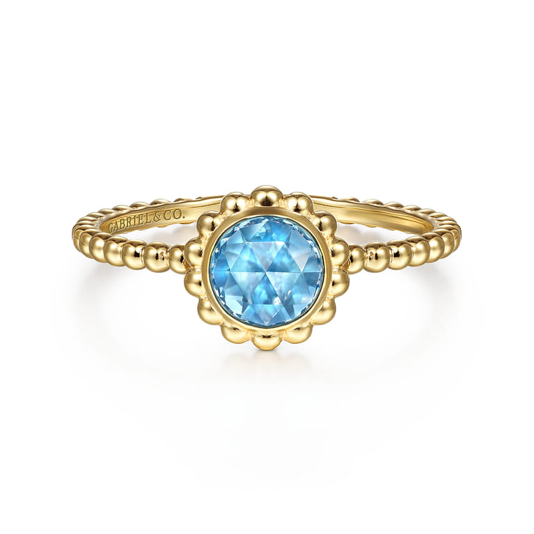Promise Ring - 14K Yellow Gold Round Blue Topaz Bujukan Beaded Promise Ring - Shot 1