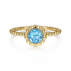Promise Ring - 14K Yellow Gold Round Blue Topaz Bujukan Beaded Ring