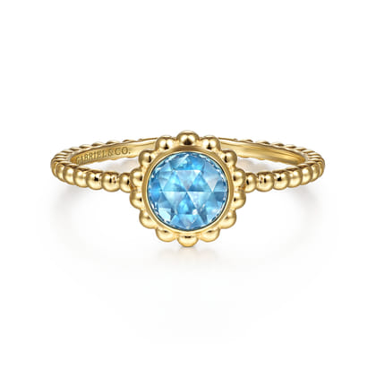 Promise Ring - 14K Yellow Gold Round Blue Topaz Bujukan Beaded Ring