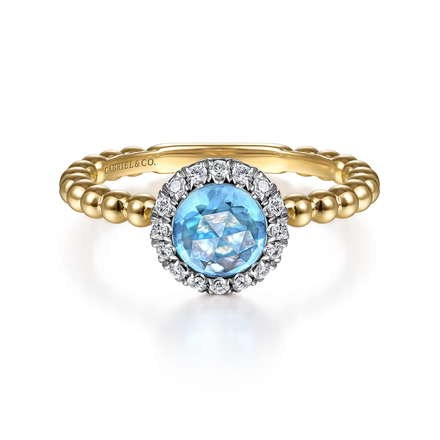 Promise Ring - 14K Yellow Gold Round Blue Topaz and Diamond Halo Bezel Set Bujukan Promise Ring - 0.15 ct - Shot 1