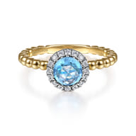 Promise Ring - 14K Yellow Gold Round Blue Topaz and Diamond Halo Bezel Set Bujukan Promise Ring