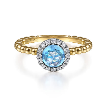 Promise Ring - 14K Yellow Gold Round Blue Topaz and Diamond Halo Bezel Set Bujukan Promise Ring