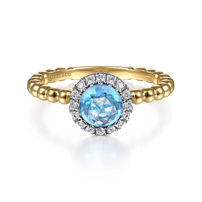 Promise Ring - 14K Yellow Gold Round Blue Topaz and Diamond Halo Bezel Set Bujukan Promise Ring - 0.15 ct - Shot 1