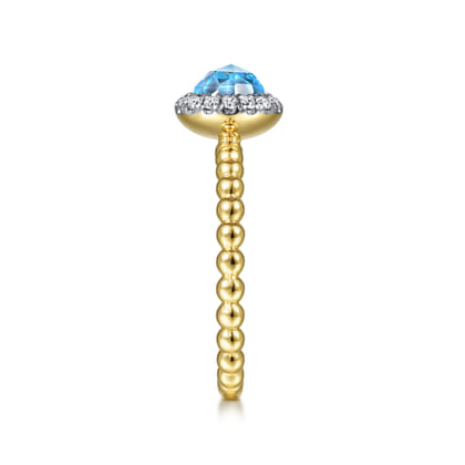Promise Ring - 14K Yellow Gold Round Blue Topaz and Diamond Halo Bezel Set Bujukan Promise Ring