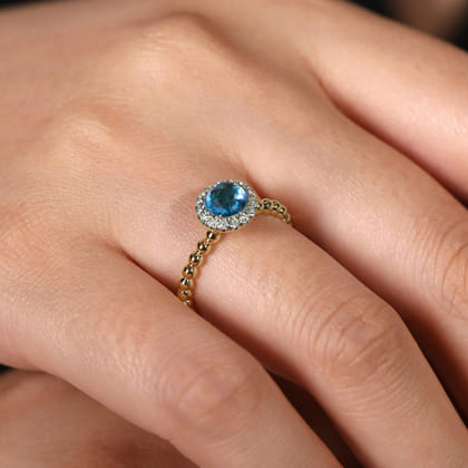 Promise Ring - 14K Yellow Gold Round Blue Topaz and Diamond Halo Bezel Set Bujukan Promise Ring