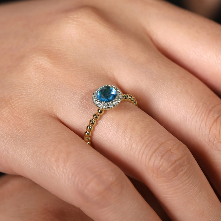 Promise Ring - 14K Yellow Gold Round Blue Topaz and Diamond Halo Bezel Set Bujukan Promise Ring - 0.15 ct - Shot 5