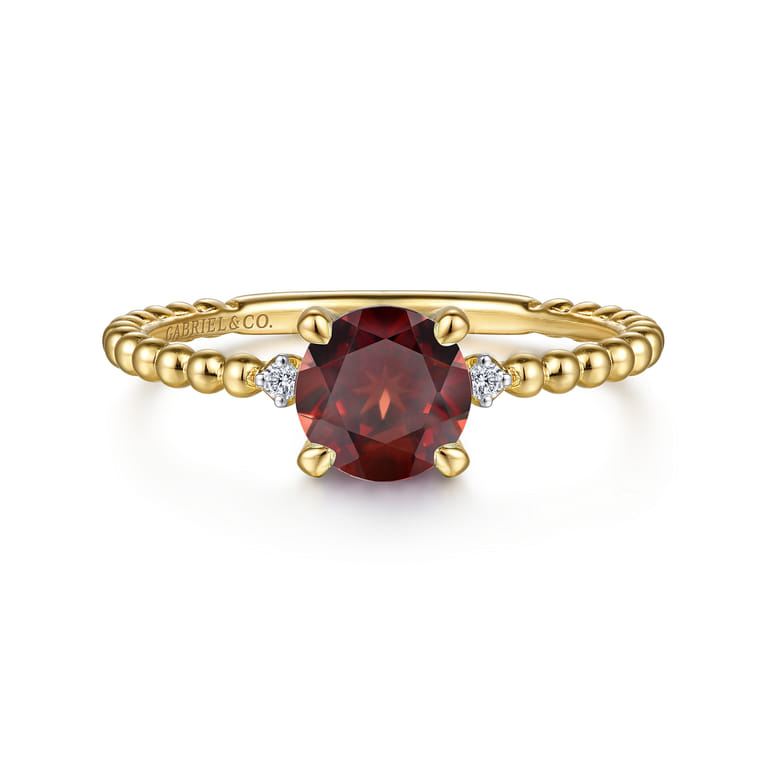 Promise Ring - 14K Yellow Gold Round Garnet and Diamond Bujukan Promise Ring - 0.02 ct - Shot 1