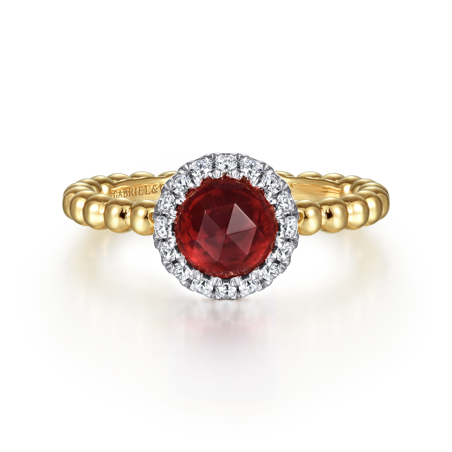 Promise Ring - 14K Yellow Gold Round Garnet with Diamond Halo Bujukan Promise Ring - 0.16 ct - Shot 1