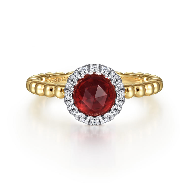 Promise Ring - 14K Yellow Gold Round Garnet with Diamond Halo Bujukan Promise Ring - 0.16 ct - Shot 1