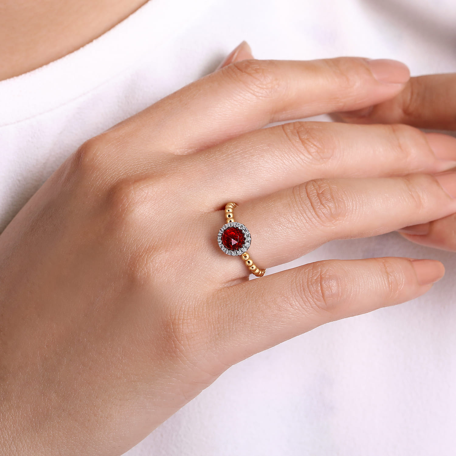 Promise Ring - 14K Yellow Gold Round Garnet with Diamond Halo Bujukan Promise Ring - 0.16 ct - Shot 5