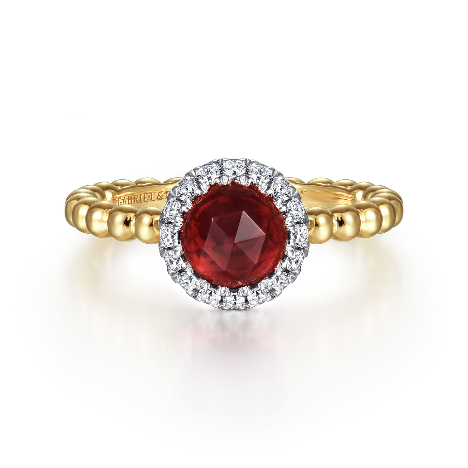 Promise Ring - 14K Yellow Gold Round Garnet with Diamond Halo Bujukan Ring