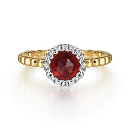 Promise Ring - 14K Yellow Gold Round Garnet with Diamond Halo Bujukan Ring