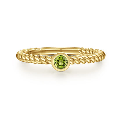 Promise Ring - 14K Yellow Gold Round Peridot Ring with Twisted Rope Shank