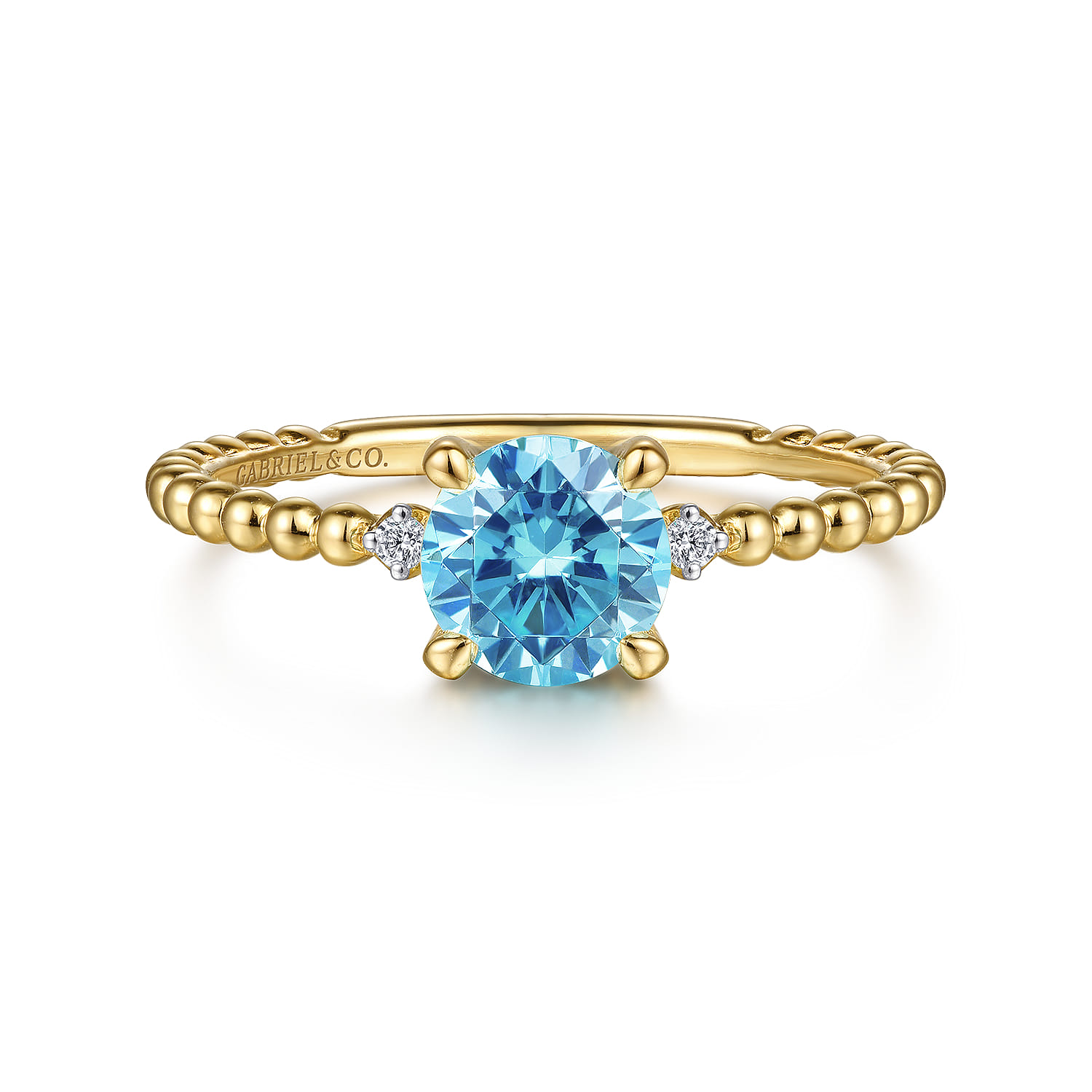 Promise Ring - 14K Yellow Gold Round Swiss Blue Topaz and Diamond Bujukan Promise Ring - 0.02 ct - Shot 1